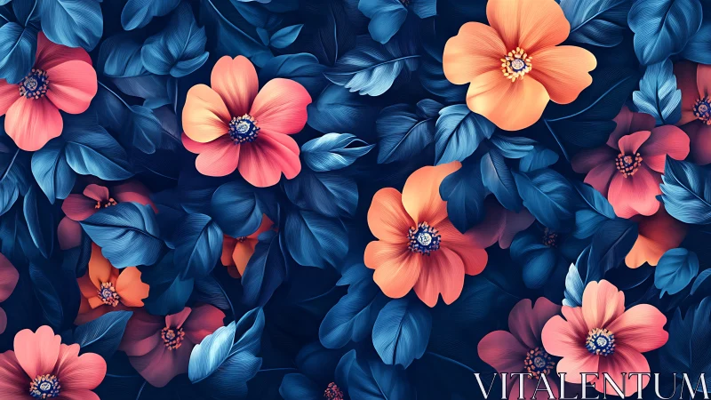 Chromatic floral composition featuring gradient-rendered ornamental flowers with high-contrast petal