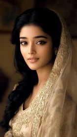 Portrait of woman in embroidered traditional attire. Period.