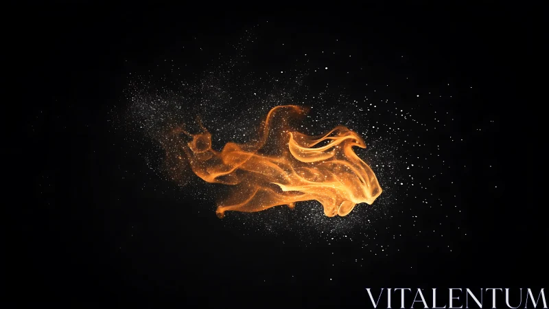Abstract fiery flame with glowing particles on black background.