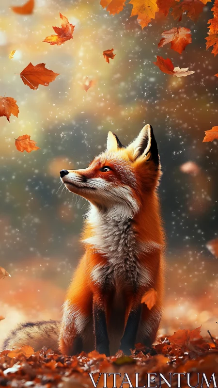 Autumn fox in drifting leaves under soft glowing light.