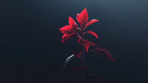 Striking Red Plant in Dramatic Low-Key Lighting, Minimalist Style.