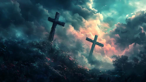 Twilight hill of silent crosses under storm-swept heavens.