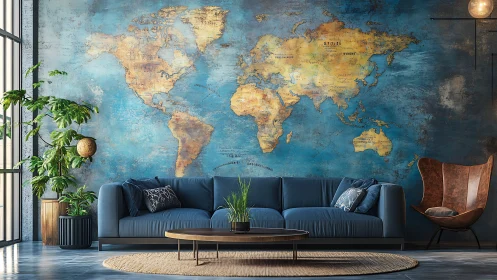 Cartographic mural lounge with geospatially staged seating.