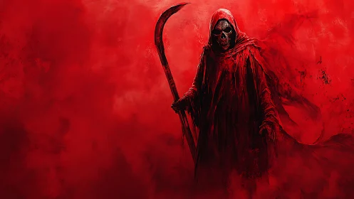 Crimson specter with corroded scythe in saturated void field.