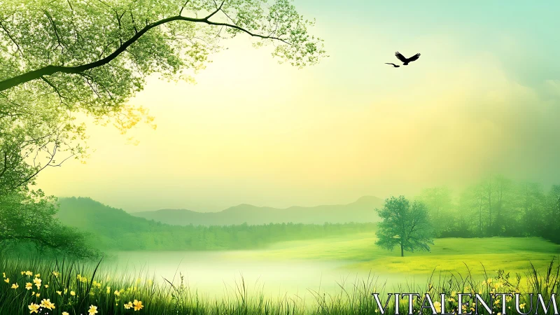 Serene lakeside meadow rendered with soft atmospheric perspective