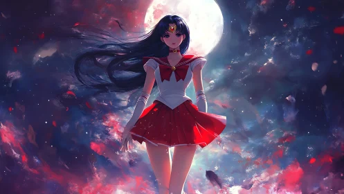 Anime girl in sailor uniform before luminous full moon.