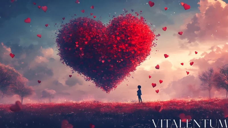 Person Gazes at Massive Heart Floating in Dreamlike Sky.