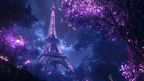 Neon-lit Eiffel Tower framed by luminous botanical canopy.