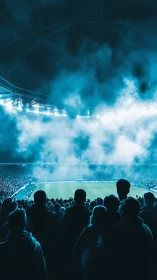 Electric sky above roaring stadium crowd in teal fog.