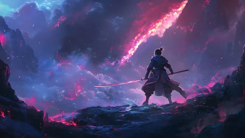 Samurai warrior silhouetted in neon storm-lit mountainscape.