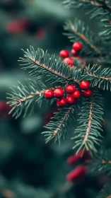 Crimson winter berries gleam on evergreen needles in hush.
