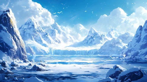 Glacial peaks under radiant sky above frozen polar inlet.