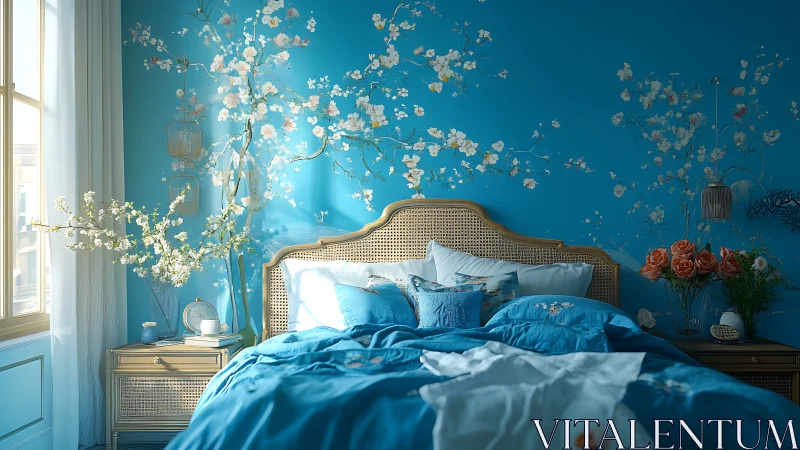 Dreamy blue bedroom invites calm rest amid floral beauty