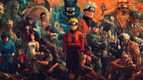 High-contrast ensemble of cel-shaded warriors in layered battle tableau