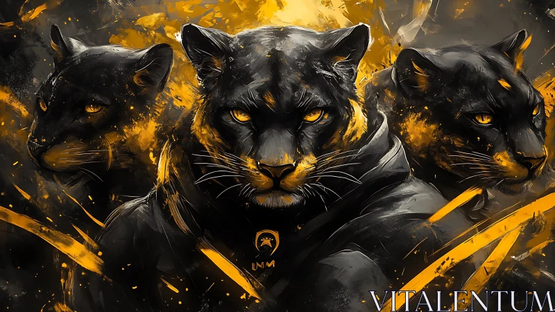 Three Black Panthers Golden Fire Aggressive Intensity.