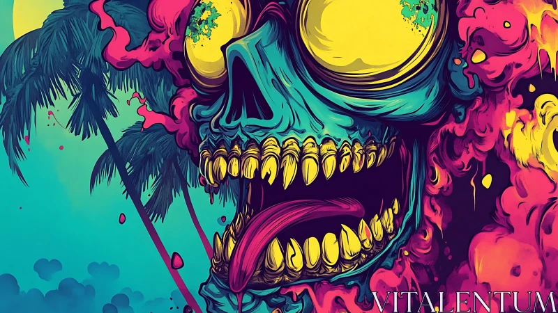 Psychedelic neon skull erupts beside tropical palm silhouettes.