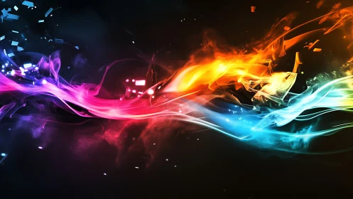 Colorful light trails cross over dark background space