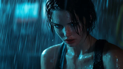 Wet-haired woman stands in heavy rain under blue lighting