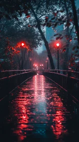 Neon-lit rain bridge with cinematic vanishing perspective.
