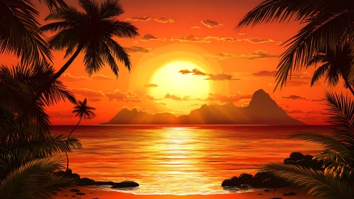 Hyper-saturated tropical sunset with silhouetted palms and specular water