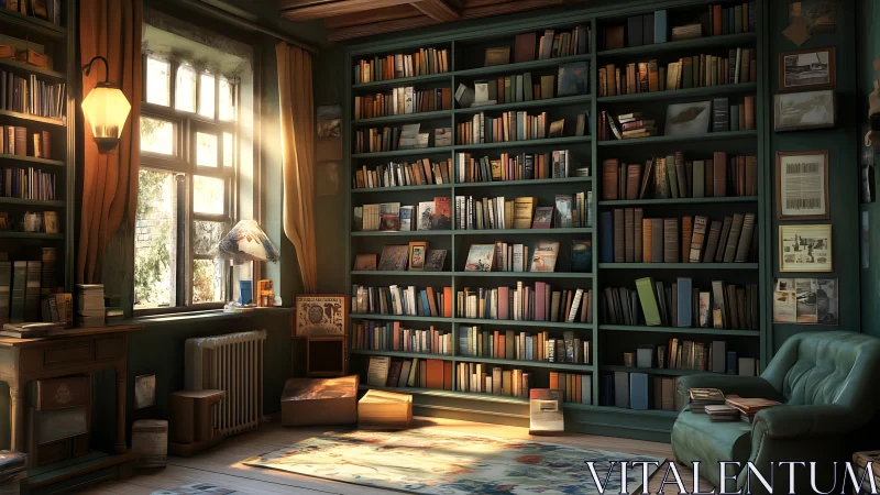 Sunlit book haven where dust motes and stories quietly glow.