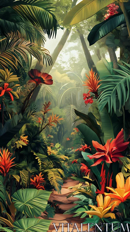 Sunlit jungle path wrapped in lush tropical color.
