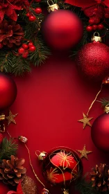 Red Christmas ornaments with pine and gold accents border.