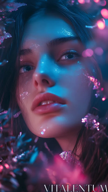 Neon-lit close-up portrait with iridescent bokeh accents.