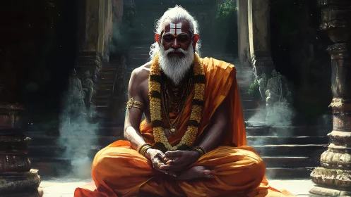 Elder mystic in saffron robes before misted stone temple.
