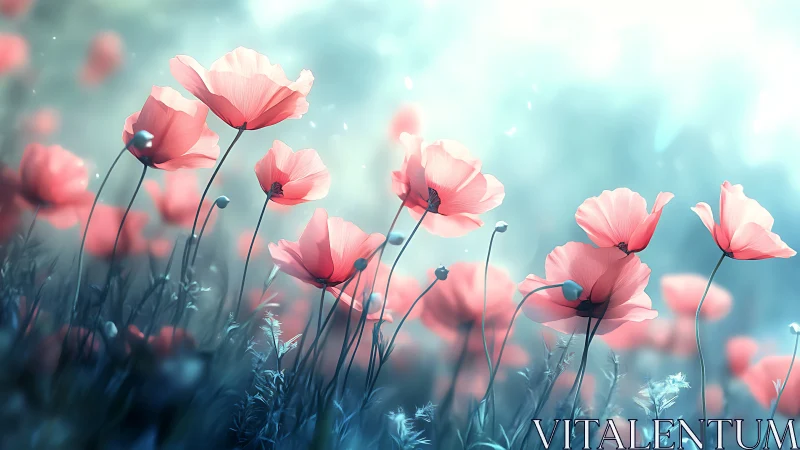 Pink poppies drift through soft turquoise light