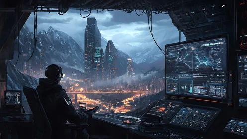 Lone operator monitors futuristic city from mountain hideout.