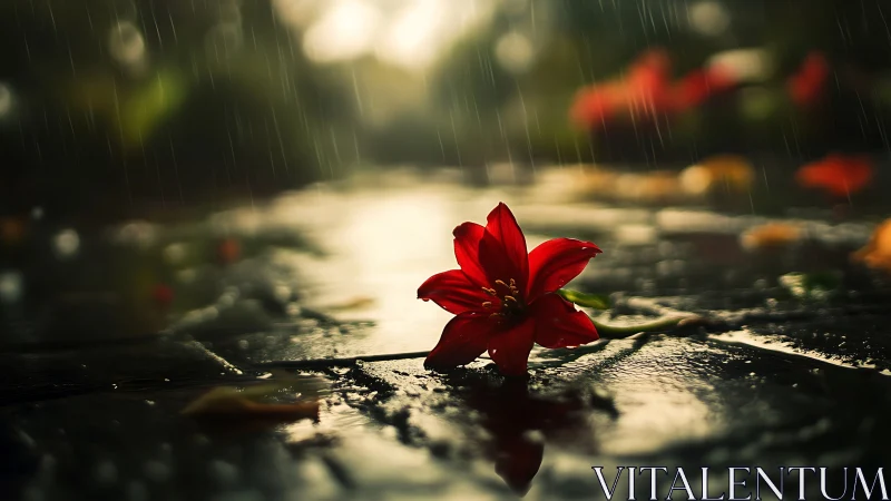Red flower on wet pavement under soft evening rain.