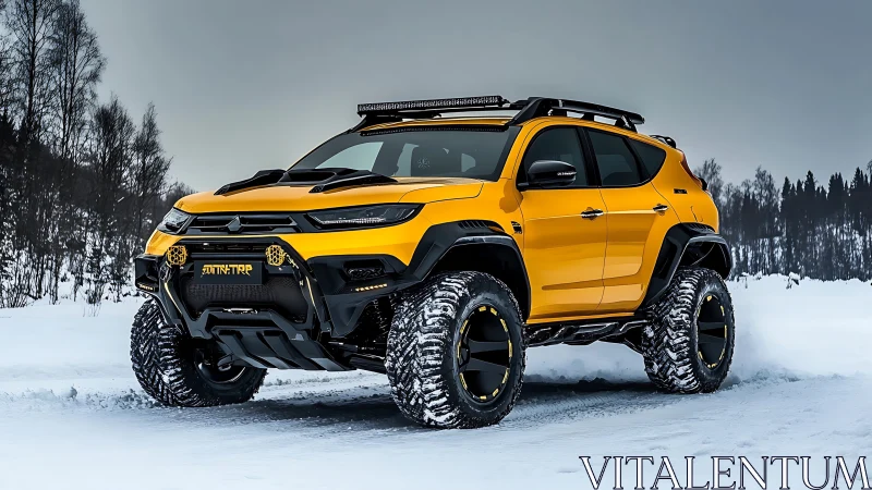 Lifted yellow expedition SUV with arctic offroad modifications