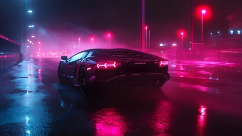 Neon lit supercar on wet asphalt under volumetric pink blue haze