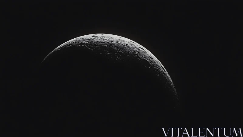 Crescent lunar surface in deep space with cratered terminator.