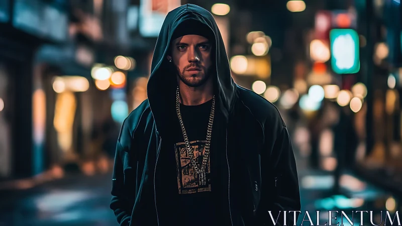 Hooded street portrait in neon city bokeh at night.