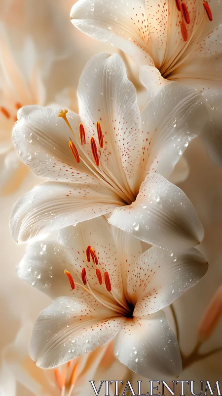 Delicate Lilies Adorned in Morning Dewdrops.