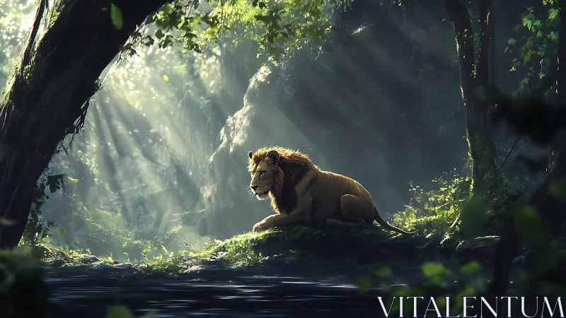 Lone lion resting on a mossy ledge in sunlit jungle clearing.