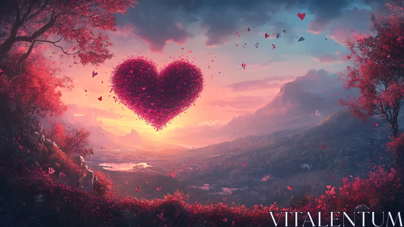 Radiant heart blooms across romantic mountain landscape.