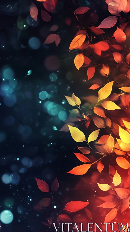 Glowing autumn leaves over deep teal bokeh background.