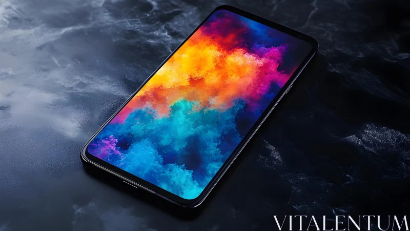 Modern smartphone with vibrant abstract display on dark marble surface.