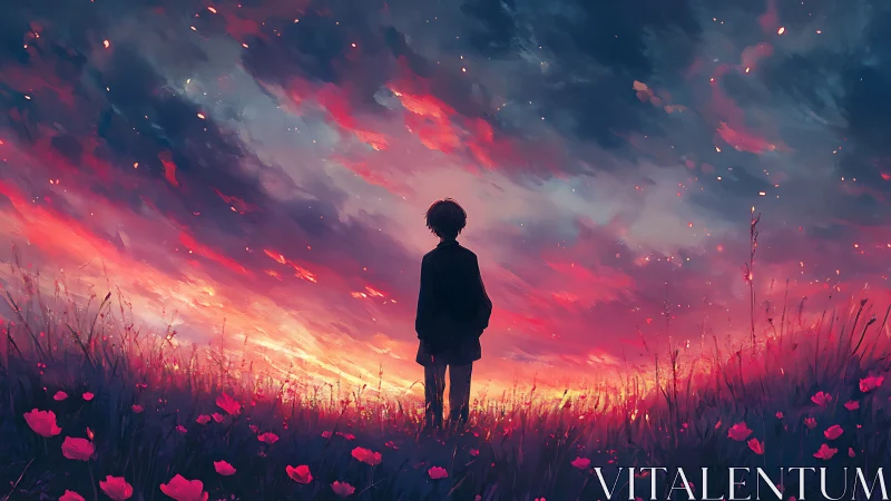 Solitary figure contemplates a vivid crimson twilight sky