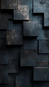 Dark geometric metal wall with layered textured panels.