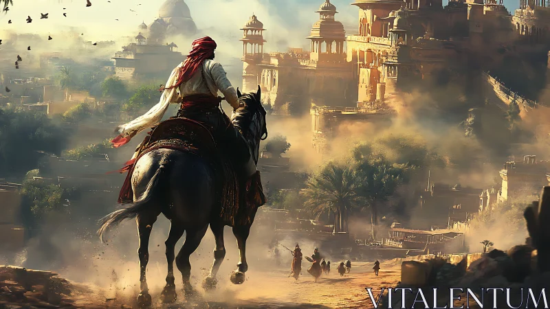 Rider entering ancient desert city through dust and light.