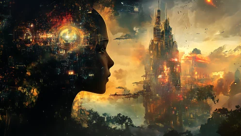 Cybernetic mind skyline merges with glowing sci fi citadel.