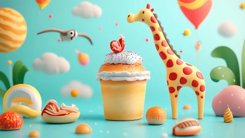 Whimsical 3D Playroom with Cupcake, Giraffe, and Toys.