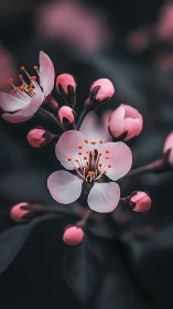 Delicate pink blossoms with vibrant stamens unfold against dark foliage.