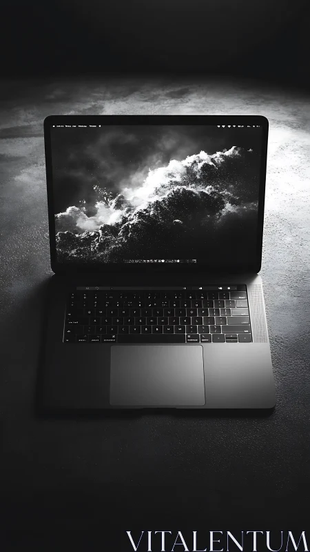 Open laptop on dark textured surface under overhead light.