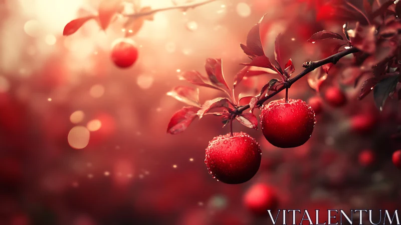 Sunlit red apples glow gently on a dewy autumn branch