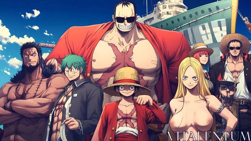 Anime pirate crew stands unified before moored ship.